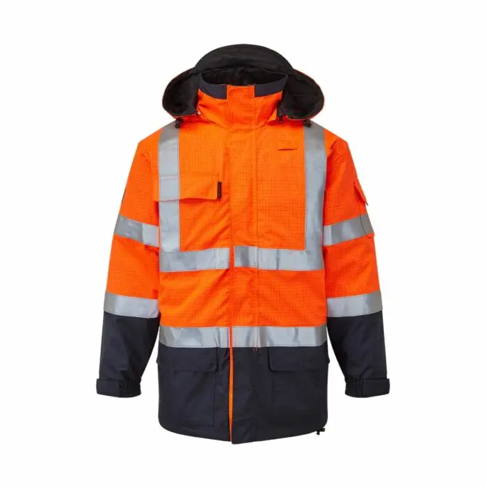 AS9464 HAZTEC® Boulton FR AS Hi-Visibility Waterproof Traffic Jacket - Orange_Navy Front