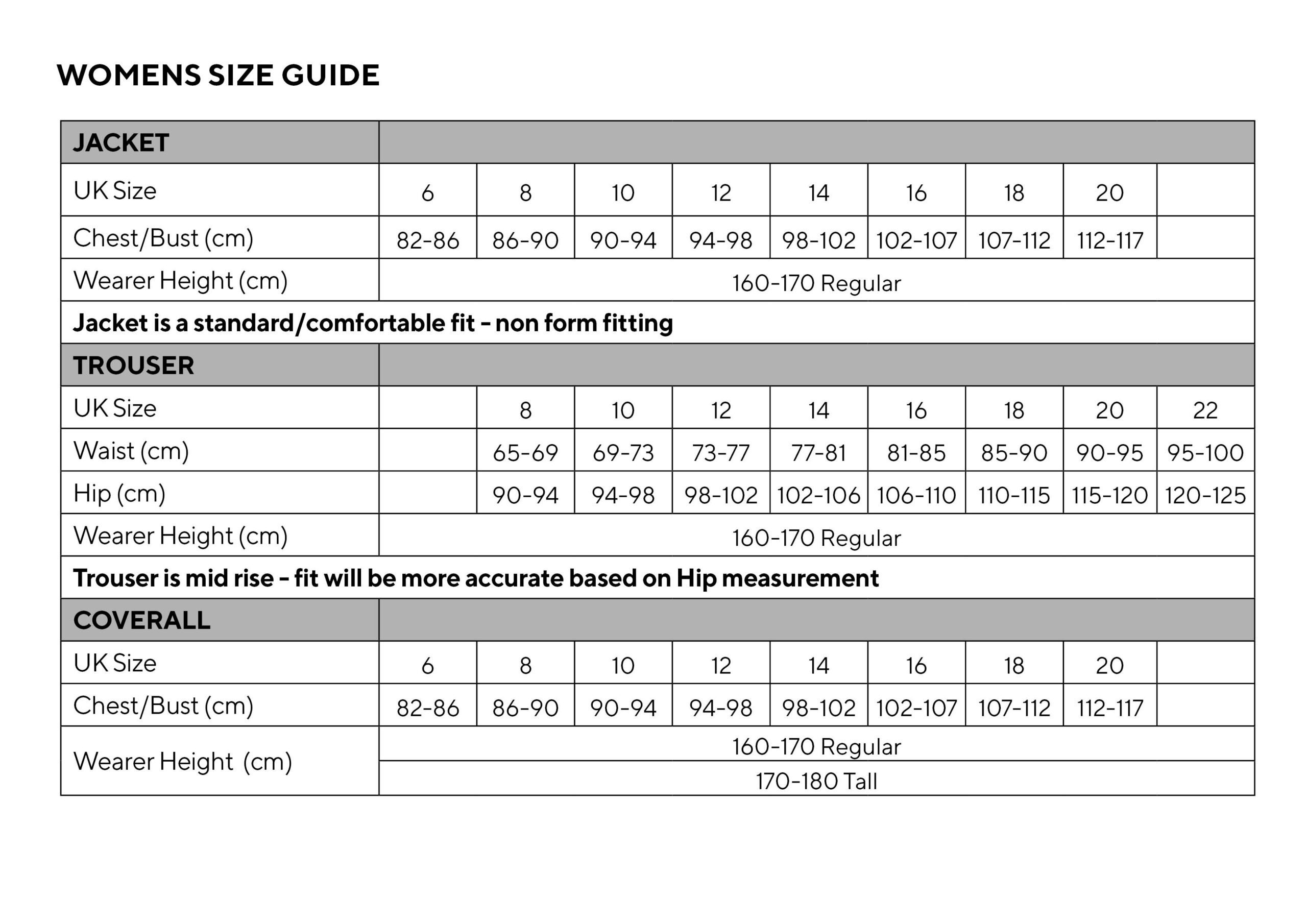 HAZTEC garment technician womens workwear measuring sizing chart